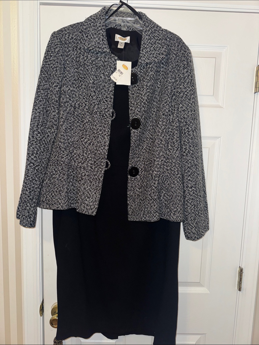 Talbots Black and Gray Textured Bouclé Blazer and Black Sheath Dress